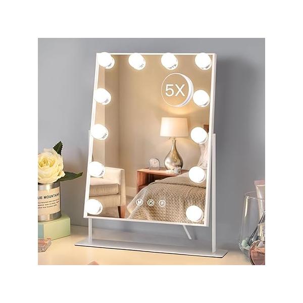 HIEEY Hollywood Vanity Mirror with 12 Dimmable Bulbs Lights, Three Color Lighting Modes, and 5X Magnification, Smart Touch Control, 360°Rotation (White,Gift Box)