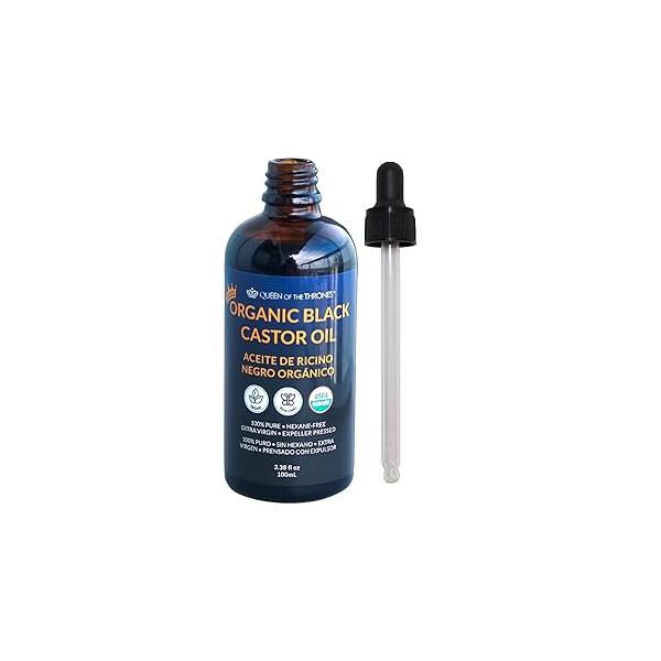 QUEEN OF THE THRONES® Organic Black Castor Oil - 100mL with Dropper| 100% Pure, Certified Organic, Hexane-Free, Extra Virgin | Moisturizing & Conditioning for Skin, Hair Nails