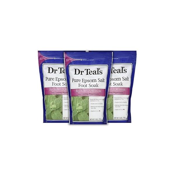 Dr. Teal's Peppermint Foot Soak Gift Set (3 Pack, 2lb Ea.) - Revitalize & Refresh Cooling with Essential Oils Blended Pure Epsom Salt Ease Aches Pains, Baking Soda Eliminates Odor