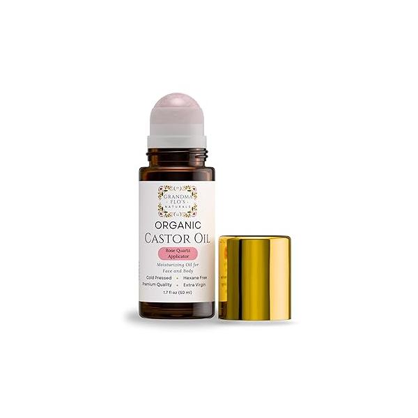 Grandma Flo's Naturals Organic Castor Oil with Rose Quartz Roll On For Face and Body - Glass Bottle, Cold Pressed, Hexane Free, Unrefined Stimulate Hair Growth, Moisturize Skin