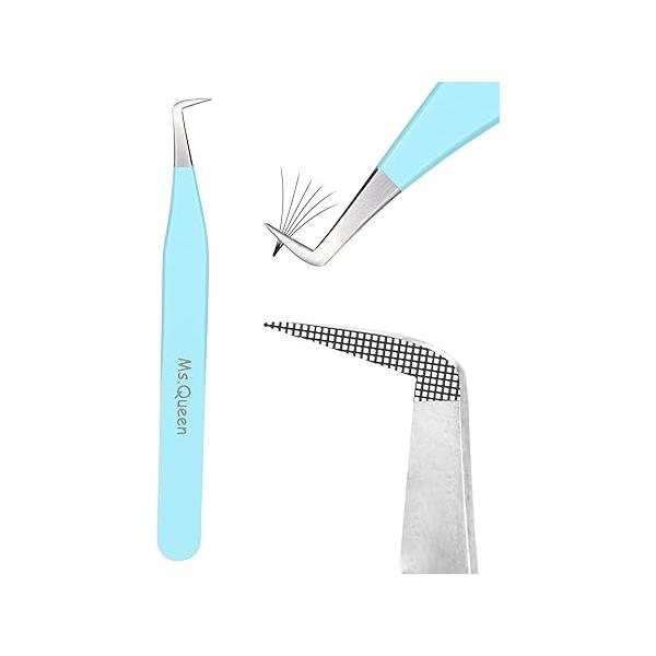 Ms.Queen Volume Tweezers For Eyelash Extensions, Fiber Tip Grip Lash L-Shape Boot Mega Mink Lashes Tweezers, Blue