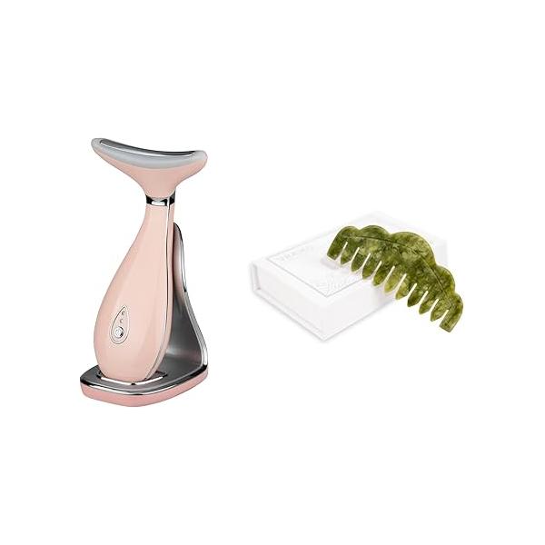 Lily Neck Face Massager Skin Rejuvenation Device (Pink) with Triple Action LED, Natural Jade Comb Head Scalp Massage