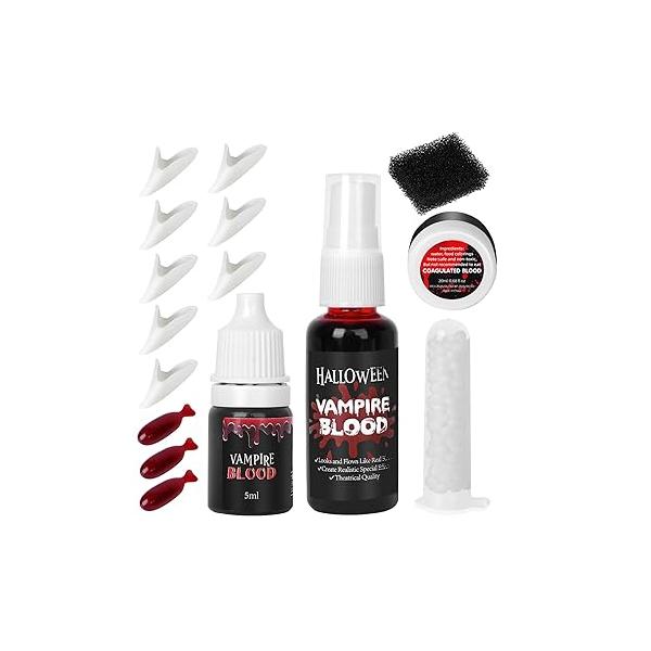 Vampire Blood and Fangs Makeup Kit,Vampire Teeth Costume 4 Size Fake Teeth,1 Spray,1 Dripping Blood,3 Capsules,1Coagulated Gel 1 Sponges for Halloween Cosplay