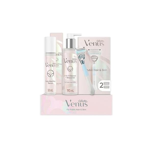 Gillette Venus for Pubic Hair and Skin, 1 Razor Handle + 2 Blade Refills, 2-in-1 Cleanser Shave Gel Daily Soothing Serum