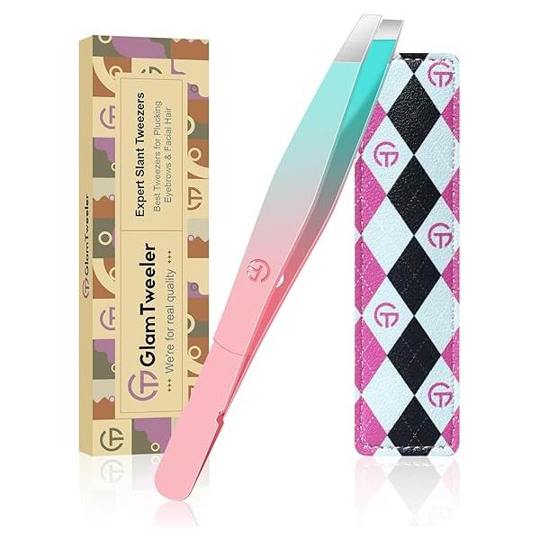 Exclusive G-01 Slant Tip Tweezers, GlamTweeler High Precison Expert Eyebrow and Facial Hair Removal Tweezer with Leather Storage & Carrying Case