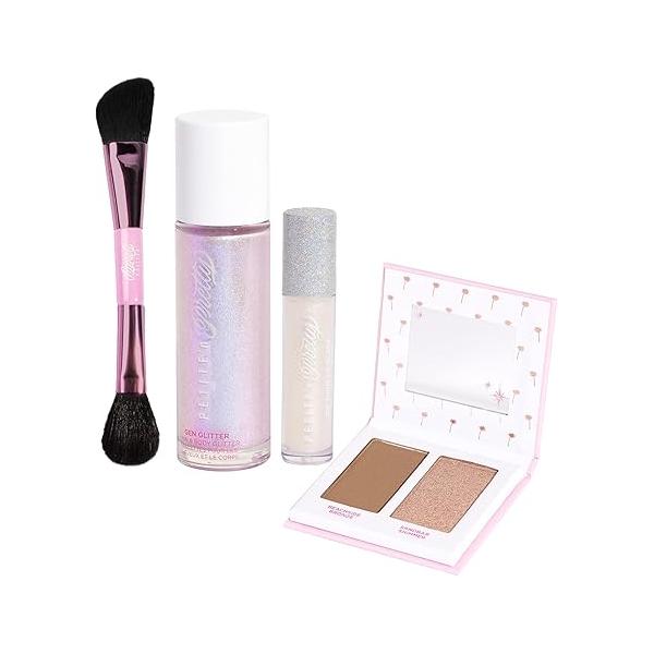 Petite 'n Pretty Makeup Set for Kids (Silver) - Face & Body Kids, Tweens, Teens Highlighter, Shimmer Glitter, Lip Gloss, Brush, Made in the USA