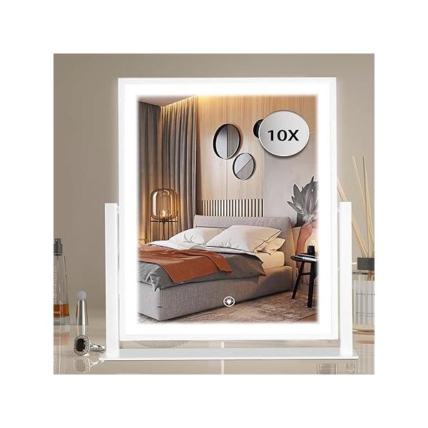 16.7"×13.8" Vanity Mirror with Lights LED Makeup Lighted Smart Large for Bedroom Tabletop Touch Control Dimmable 3 Color Modes,Detachable 10X Magnification,360°Rotation