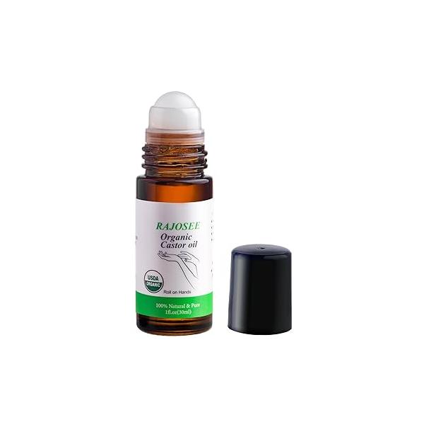 Castor Oil Roll on in Glass Bottle, Certified Organic Roller for Body Hair Skin Lip Eyebrow Pure Cold Pressed Essential - 1fl.oz