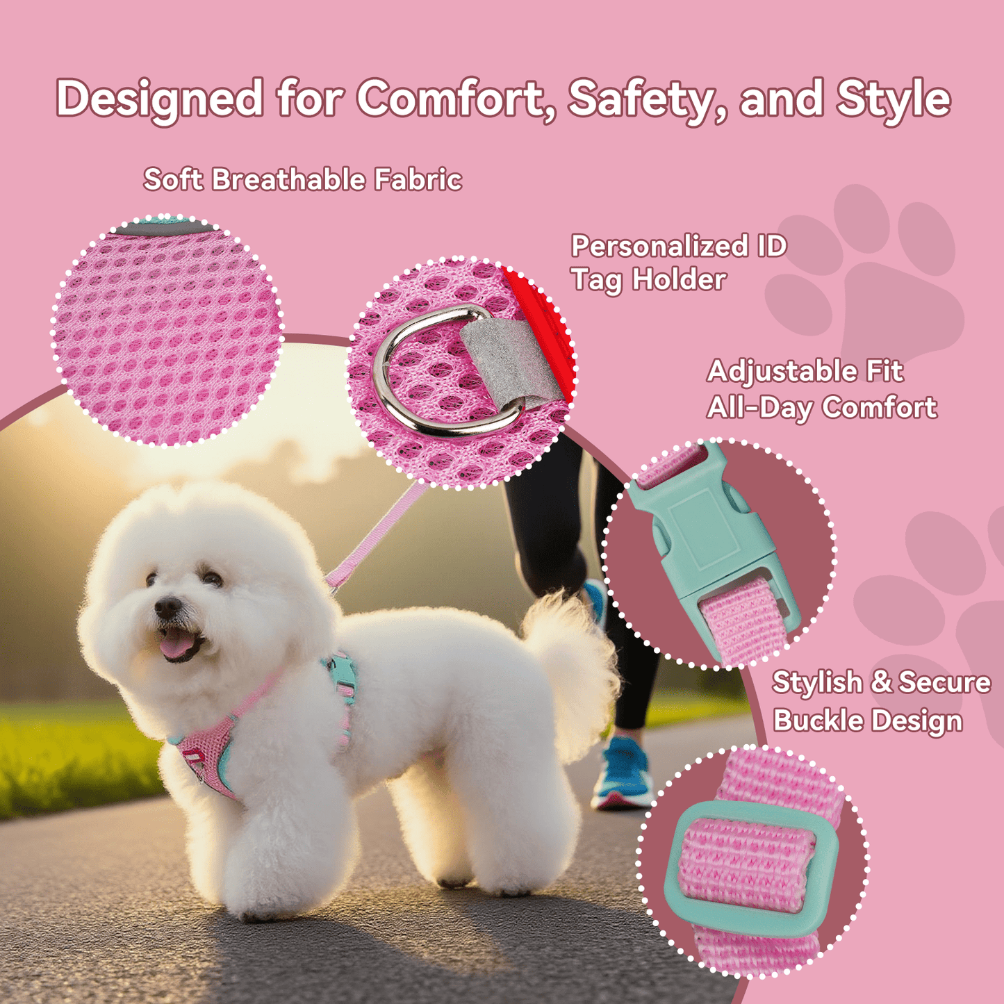 NOYAFA Dog Harness & Leash No Pull Puppy Harness for Small to Medium Dogs, Cats ,Reflective Adjustable Soft Padded D-Rings Pet Harness with Hook & Loop Fastener, Buckle (Pink S)
