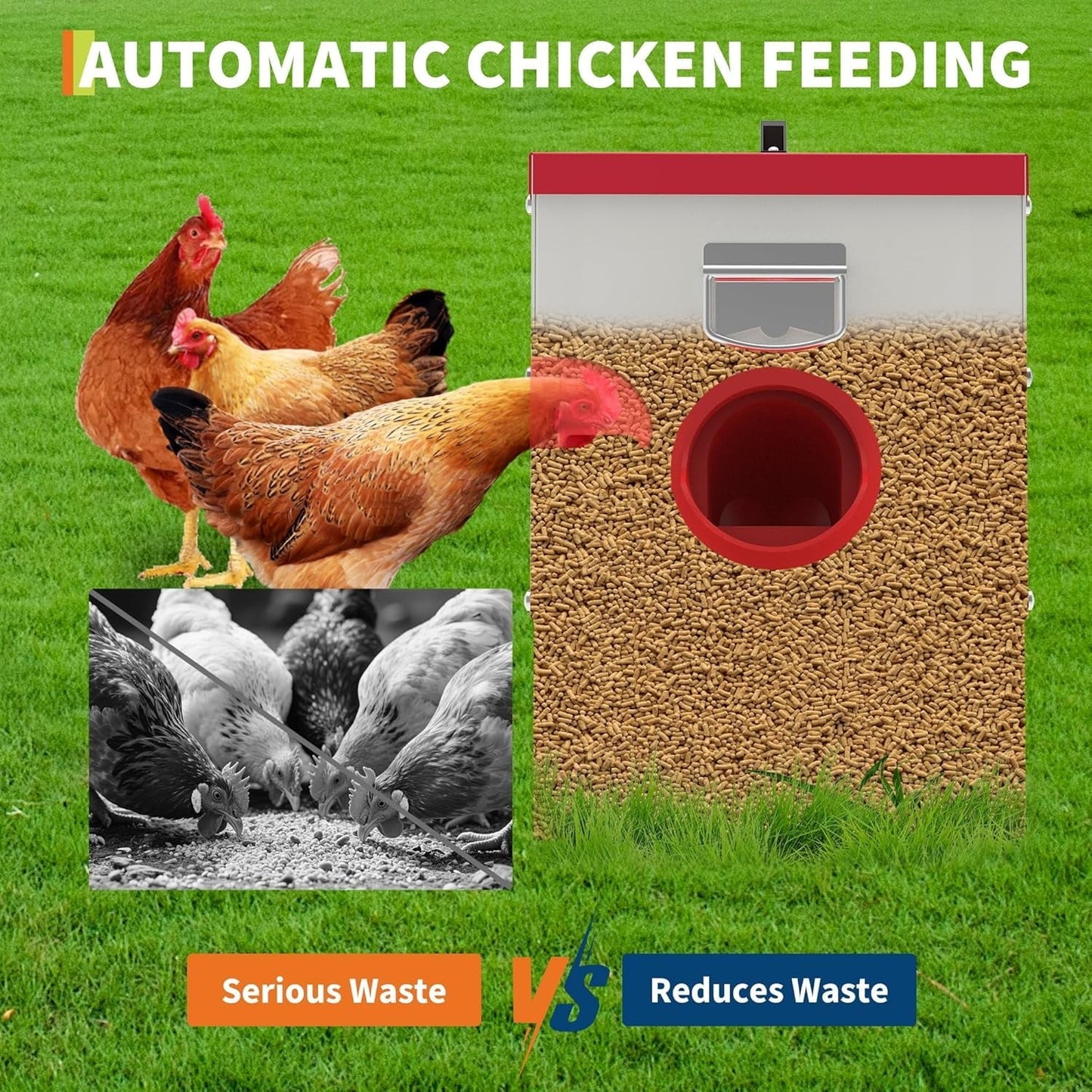 Pinypikaka 6 Ports Automatic Chicken Feeder No Waste, 50 Pounds Duck Poultry Feeder Box Metal Feeders for Chickens with Locking Rainproof Lid Chicken Coop Feed for Chickens, Ducks