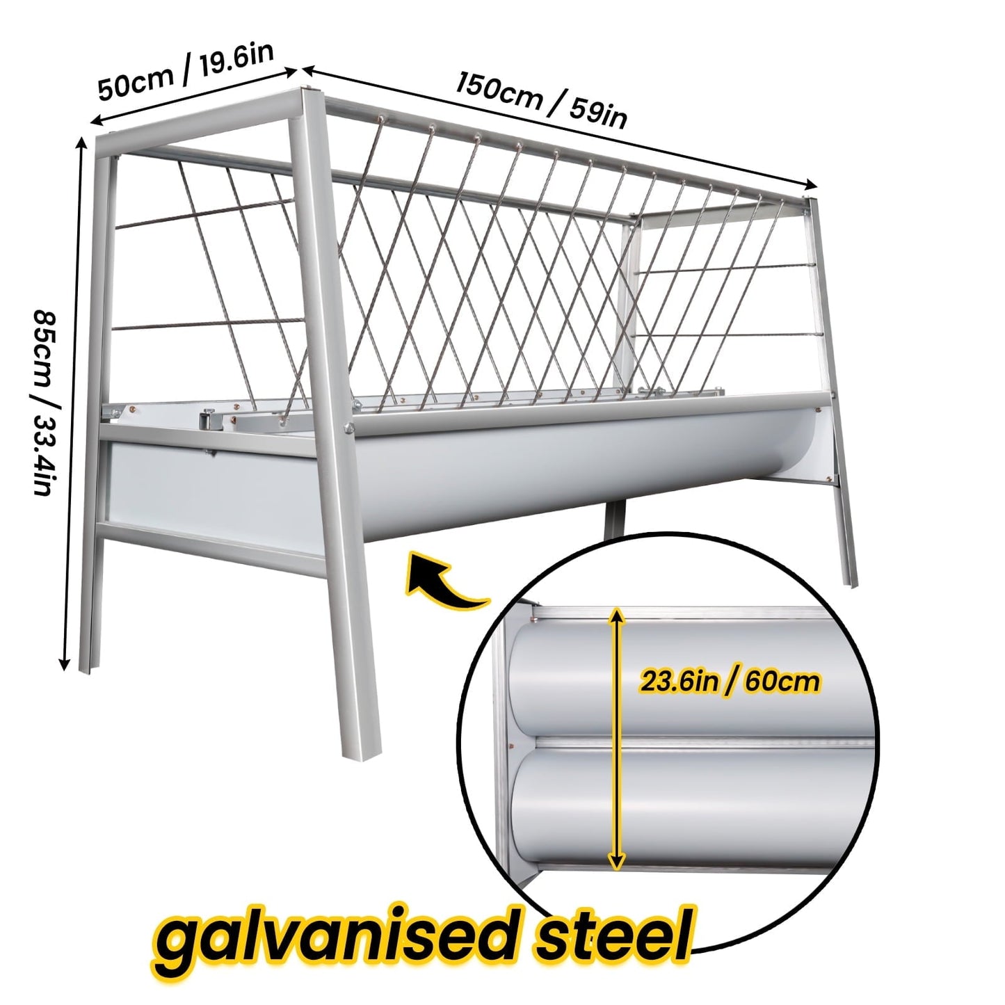 Heavy Duty 2-in-1 Goat Feeder - 77 Gallon Galvanized Steel Hay Feeder for Sheep, Horses & Farm Animals - Large Capacity Livestock Feeder with Spill Guard