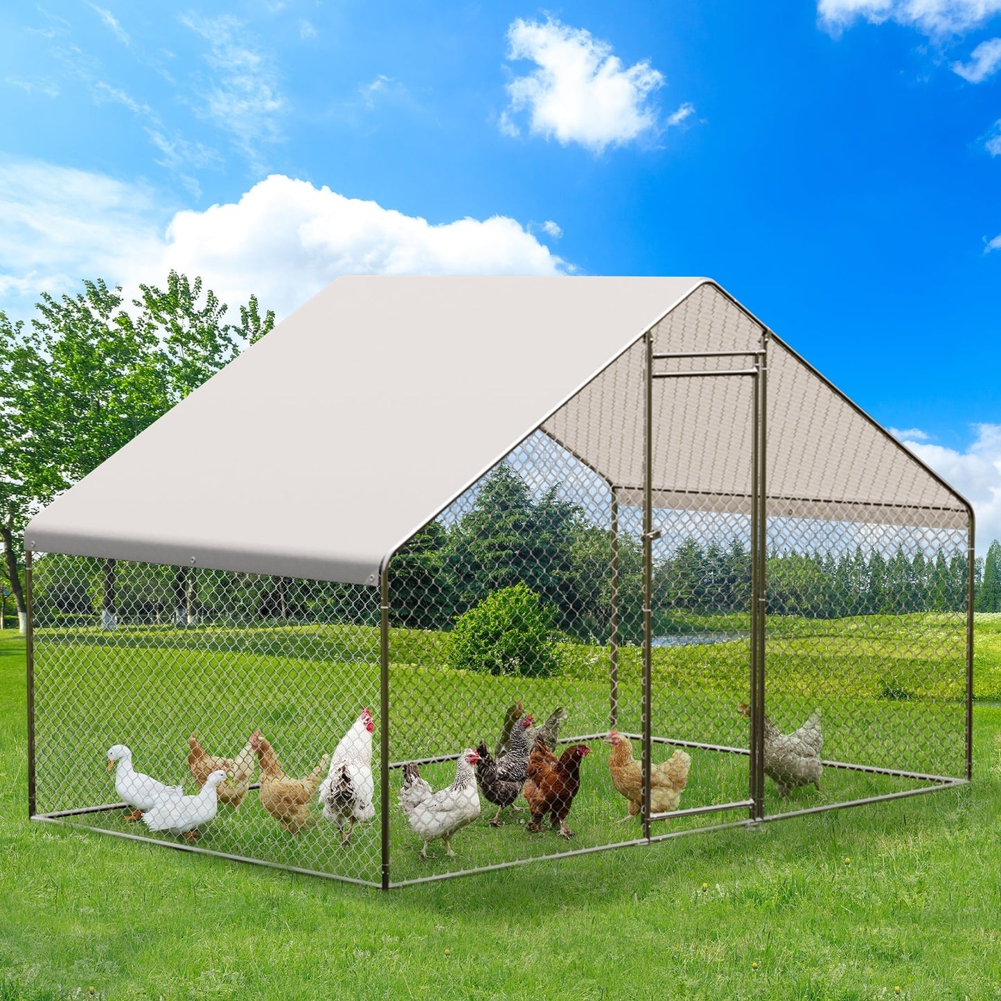 M optimized Large Metal Chicken Coop, Walk-in Poultry Cage, Large Outdoor Chicken Coop with Waterproof Cover for Outdoor Yard Farm Use, 9.8'x6.5'x6.5' Silver