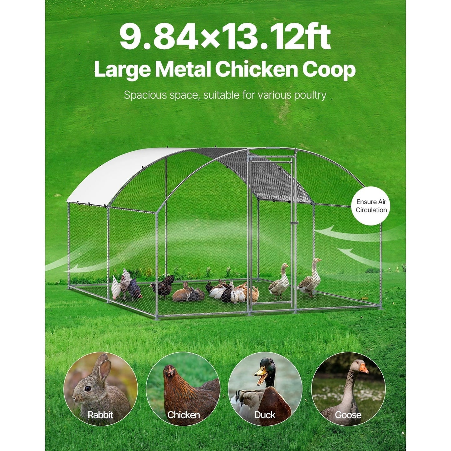 KFFKFF Metallic Poultry Enclosure, Dimensions 9.8x13.1x6.5 ft, Spacious Walk-in Design with Protective Cover, Dome-shaped Roof, Secure Locking Mechanism, Outdoor Cage for Ducks and Rabbits