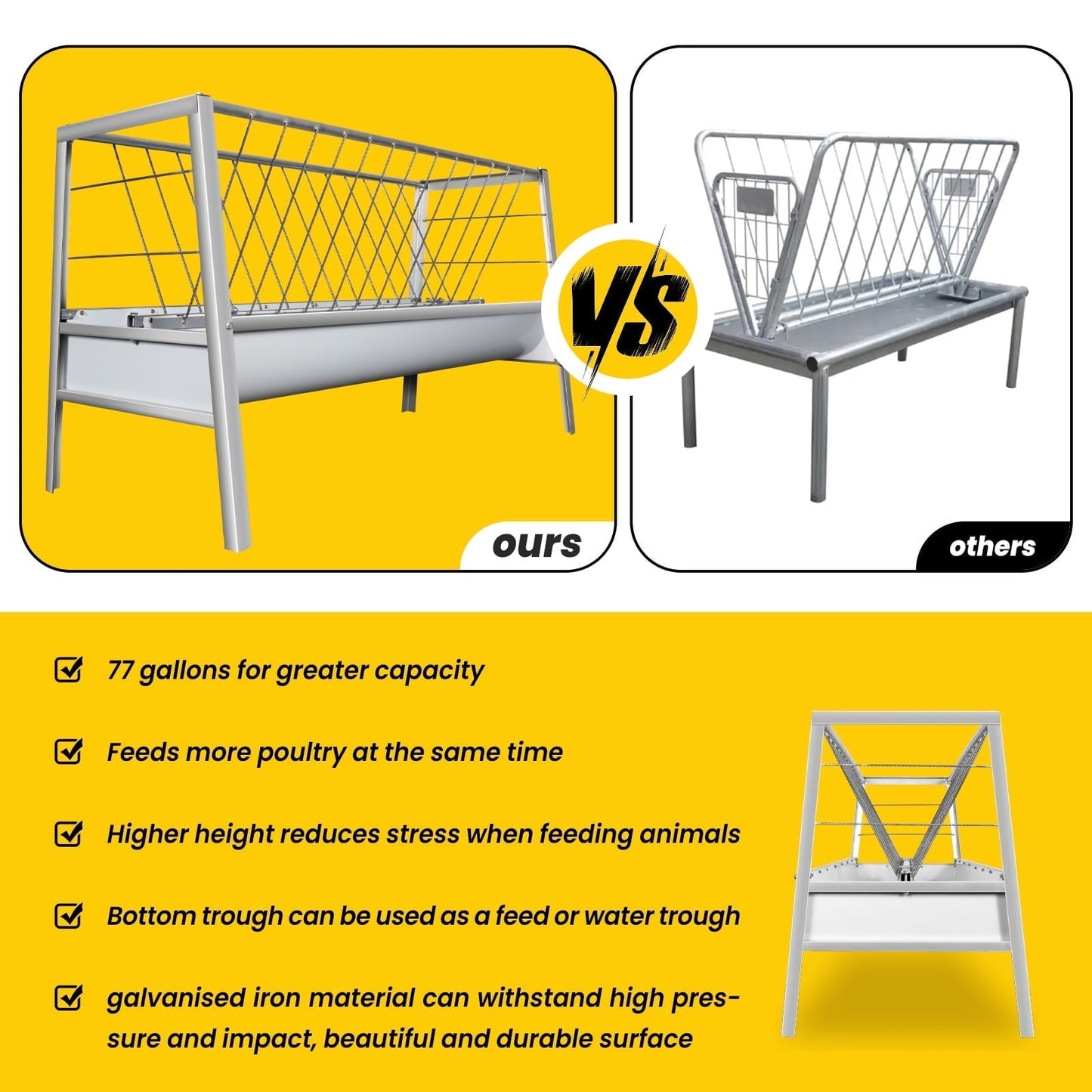 Heavy Duty 2-in-1 Goat Feeder - 77 Gallon Galvanized Steel Hay Feeder for Sheep, Horses & Farm Animals - Large Capacity Livestock Feeder with Spill Guard