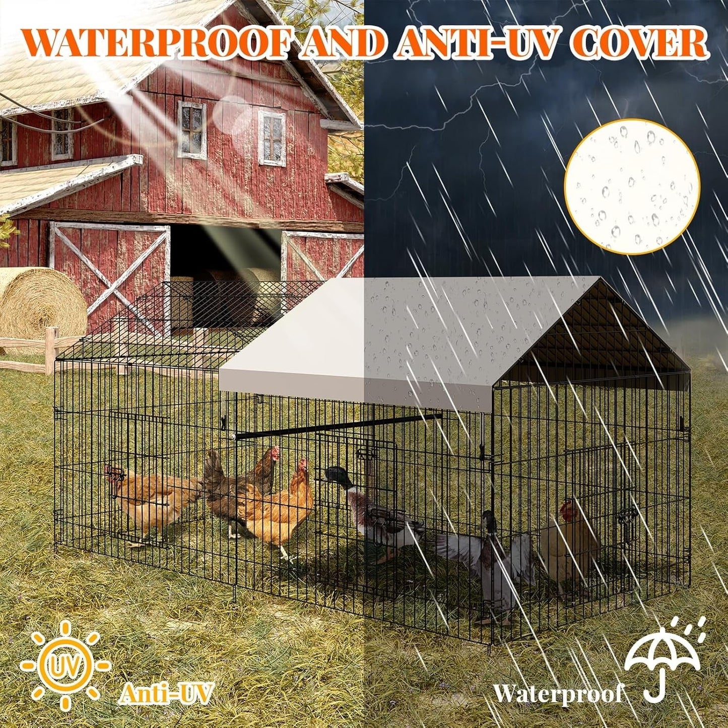 M optimized Metal Chicken Coop, Chicken Run Pen for Yard with Cover, Outdoor Metal Portable Chicken Cage with 4 Door and 1 Window for Outside Duck Rabbit Hen, 86"x40"x40"