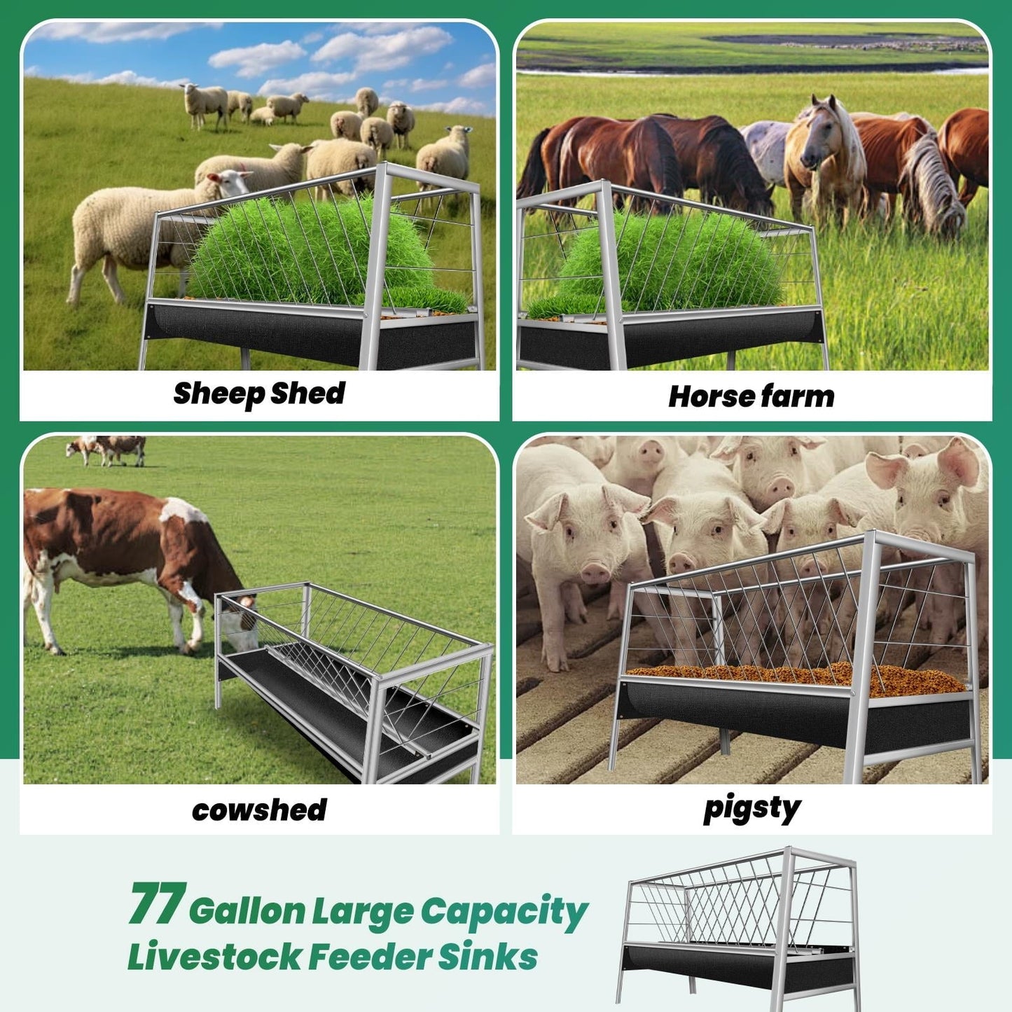 2 in 1 Goat Hay Feeder - 77 Gallon Stainless Steel with Rubber Grooves Livestock Feeder for Goats, Sheep & Horses - Durable Farm Animal Feeding Solution with Large Capacity & Rust-Resistant Design