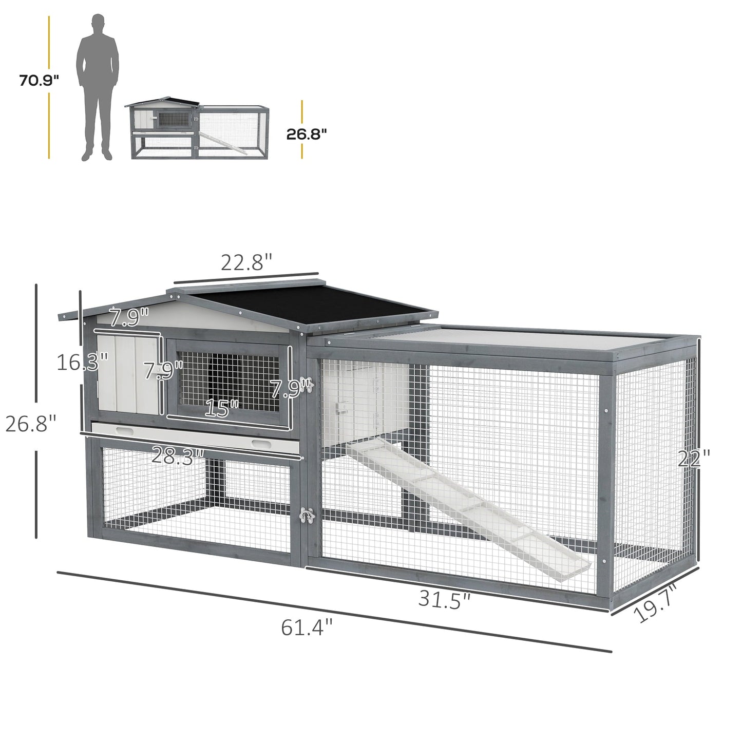 Historyli Go5H Large Wooden Rabbit Hutch, 2-Tier 61.4" Weather-Resistant Rabbit Cage With Feeding Trough, Guinea Pig Hutch With Sliding Tray, Ramp, Asphalt Roof