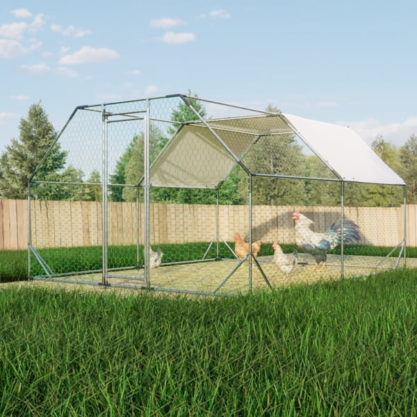 "10' x 13' Heavy-Duty Galvanized Walk-In Chicken Coop – Large Metal Poultry Run with Removable Tarp, Lockable Door, & Hexagonal Mesh for Hens, Ducks, Rabbits (6.36' Tall)"