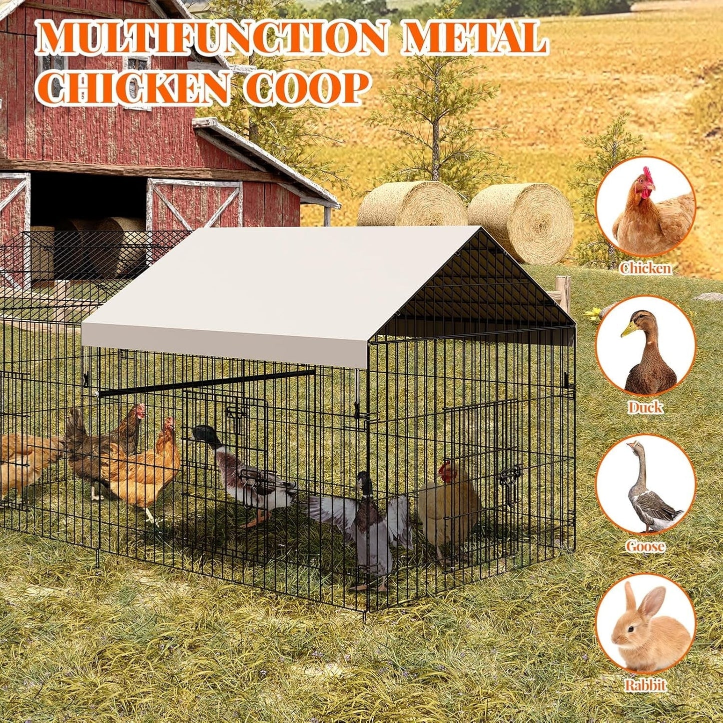 Metal Chicken Coop, 86 x 40 x 40 Inch Chicken Run for Yard with Waterproof Cover, Outdoor Portable Chicken Pen with 4 Doors, 1 Window, Chicken House for Small Animals Duck, Rabbit, Hen