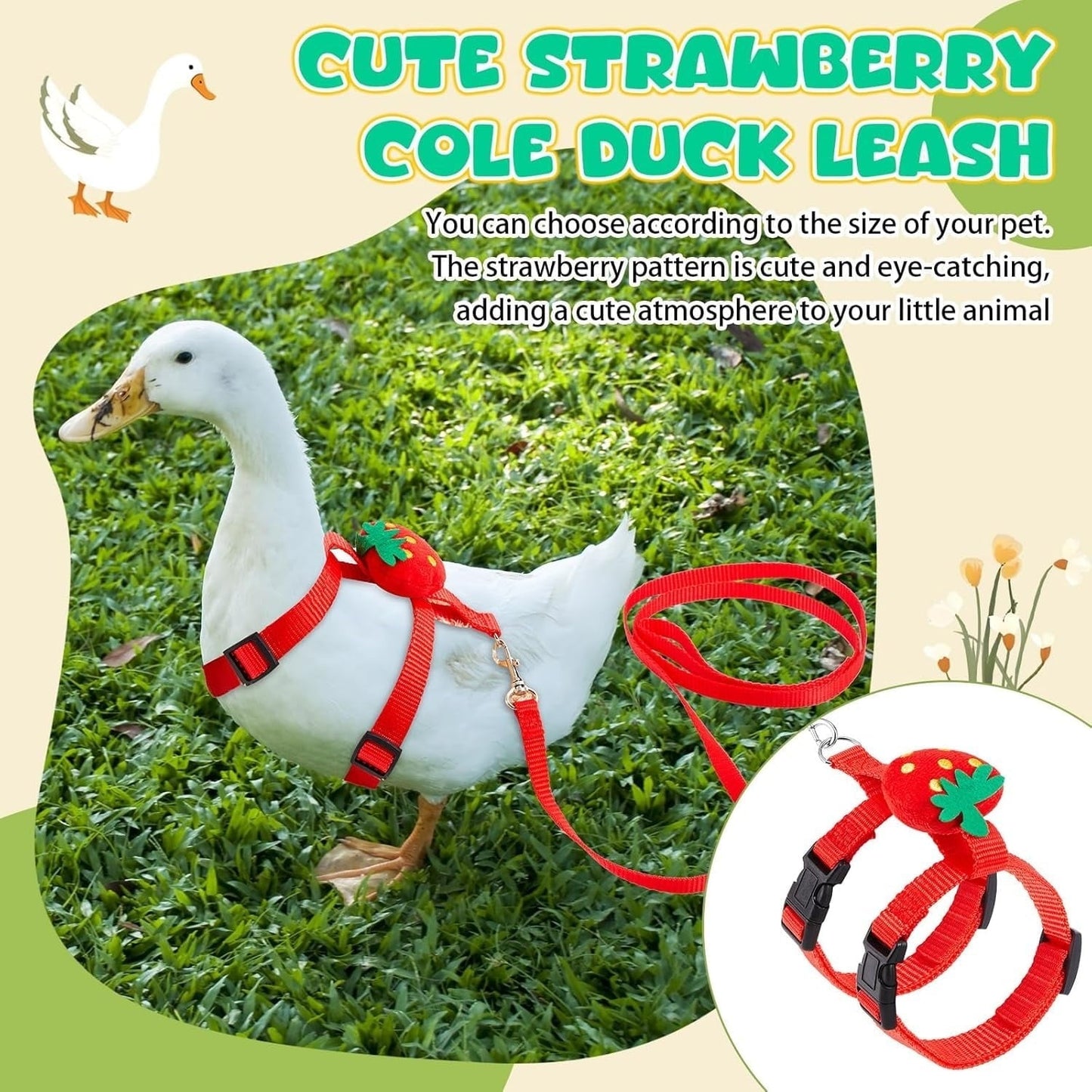 ShengVisions Small Animal Harness & Leash - Secure Outdoor Walking Gear for Ducks/Rabbits (Strawberry, XS)