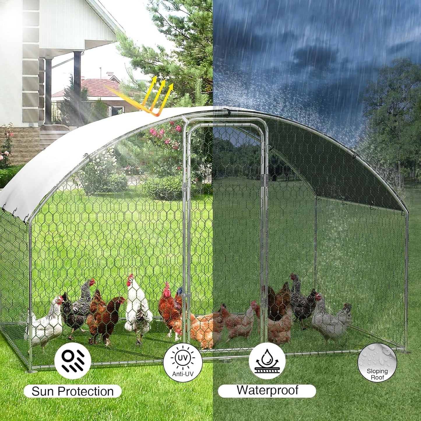 Large Metal Chicken Coop, Doom Roof Large Chicken Run for Yard, Walk-in Poultry Cage with Waterproof and Anti-UV Cover, Chicken Pen for Outdoor Backyard Farm