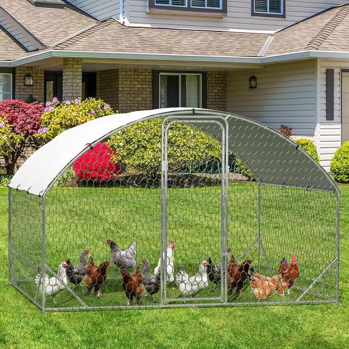 M optimized Large Metal Chicken Coop, Dome Chicken Coop with Upgrade Tri-Supporting, Chicken Run with Waterproof and Anti-UV Cover, Large Chicken Coop for Outdoor Duck Rabbit, 6.5'L x 9.8'W x 6.5'H
