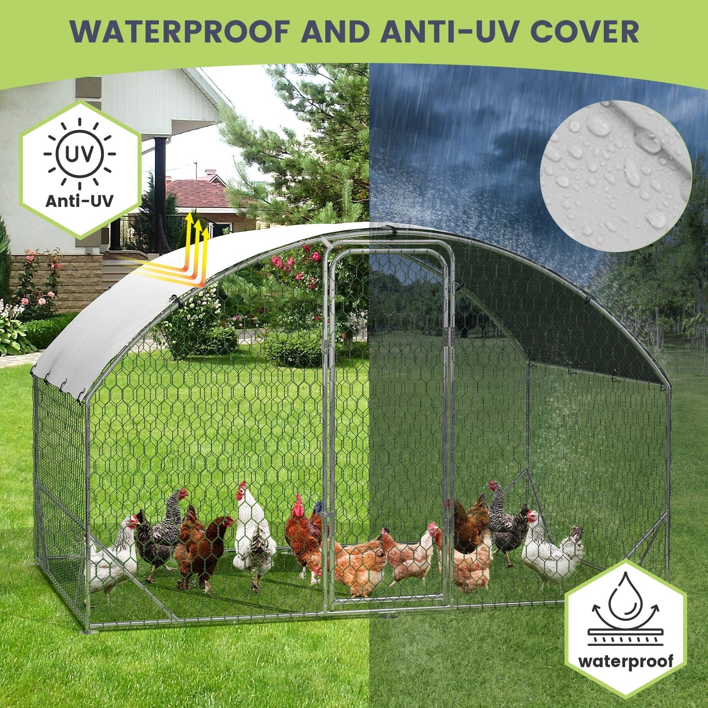 Telyswee Outdoor Metal Chicken Coop, Chicken Run with Waterproof and UV-Resistant Cover, Walk-in Poultry Cage, Dome Roof Duck and Rabbit House for Backyard, Farm Use