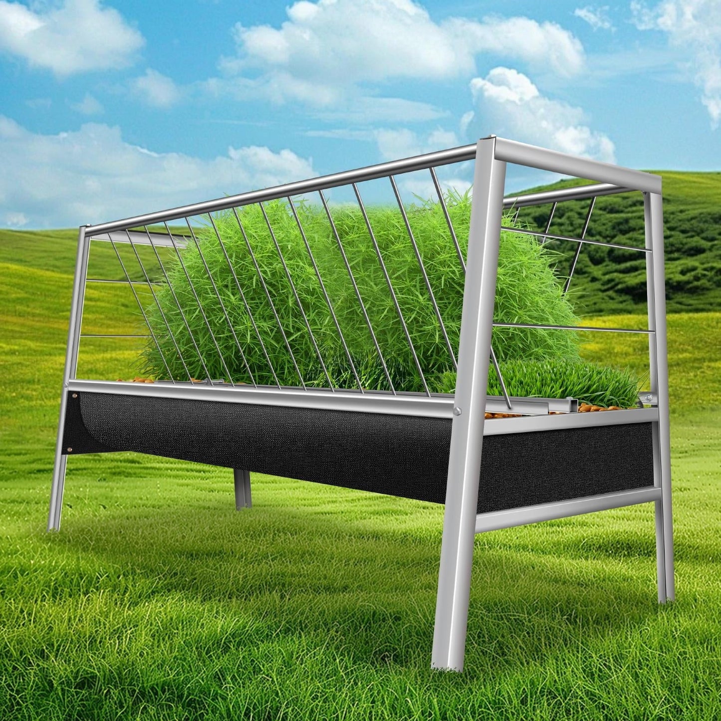 2 in 1 Goat Hay Feeder - 77 Gallon Stainless Steel with Rubber Grooves Livestock Feeder for Goats, Sheep & Horses - Durable Farm Animal Feeding Solution with Large Capacity & Rust-Resistant Design