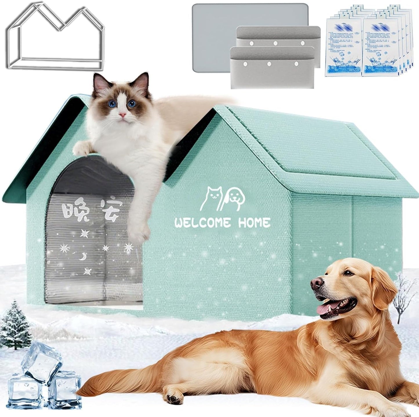2025 New Air Conditioned Dog House, Dog House with Ac, Cooling Dog Houses, Pet Cooling House, Foldable, with Air Conditioning 10 Ice Packs, for Small, Medium, and Large Dogs and Cats (Bule, M)
