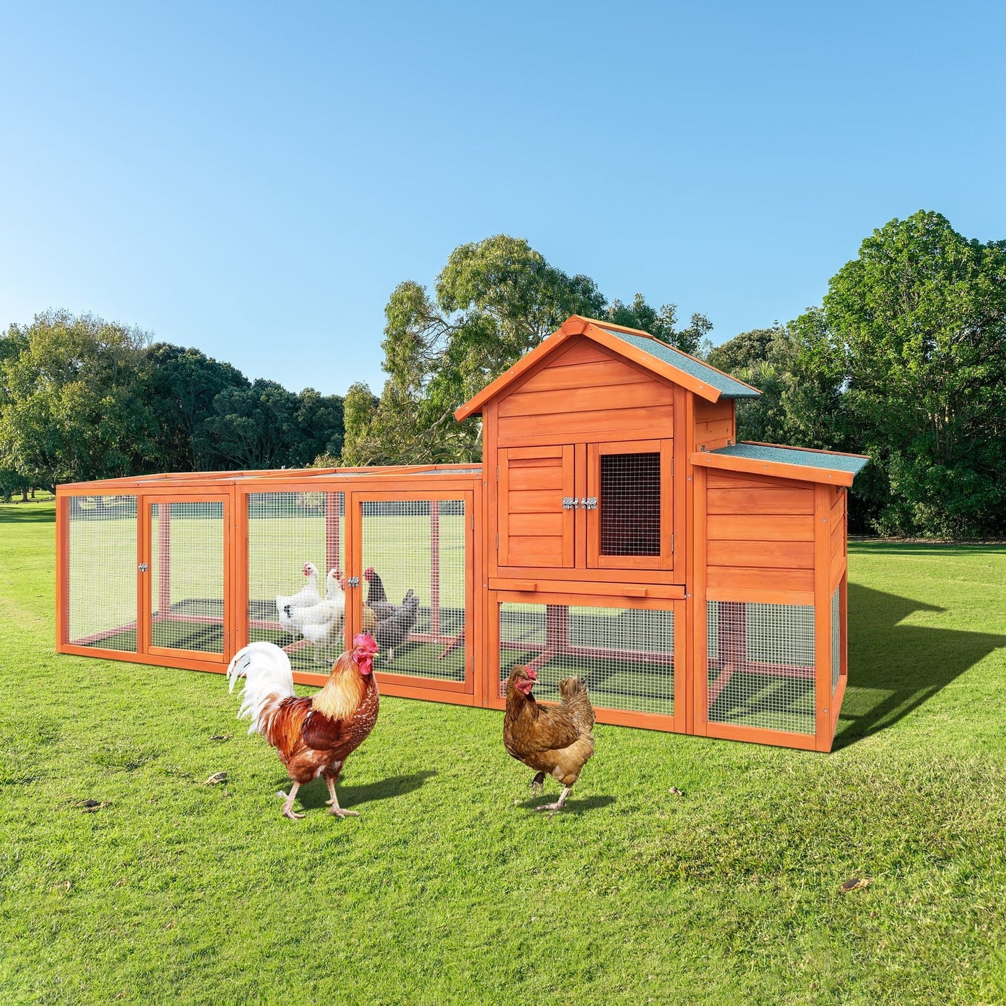 122＂Large Chicken Coop,  Wooden Hen House with Run, Nesting Box, Sliding Door, Removable Tray, Weatherproof Poultry Cage for Backyard