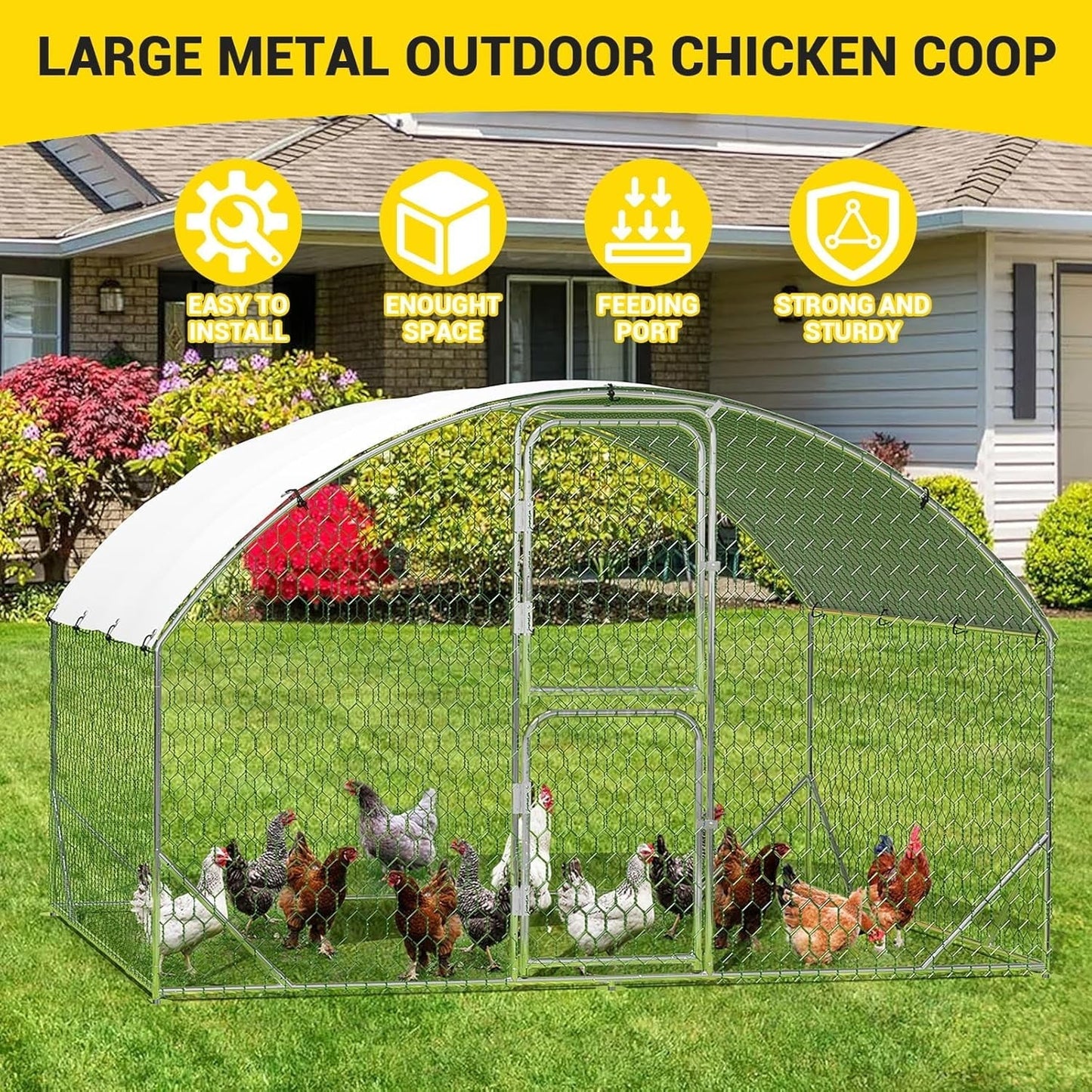 Large Metal Chicken Coop, Chicken Runs for Yard with Cover, Large Chicken Run with Double Door and Upgrade Tri-Supporting, Walk in Chicken Coop for Outdoor Farm Yard, 9.8' W x 6.5' D x 6.5' H