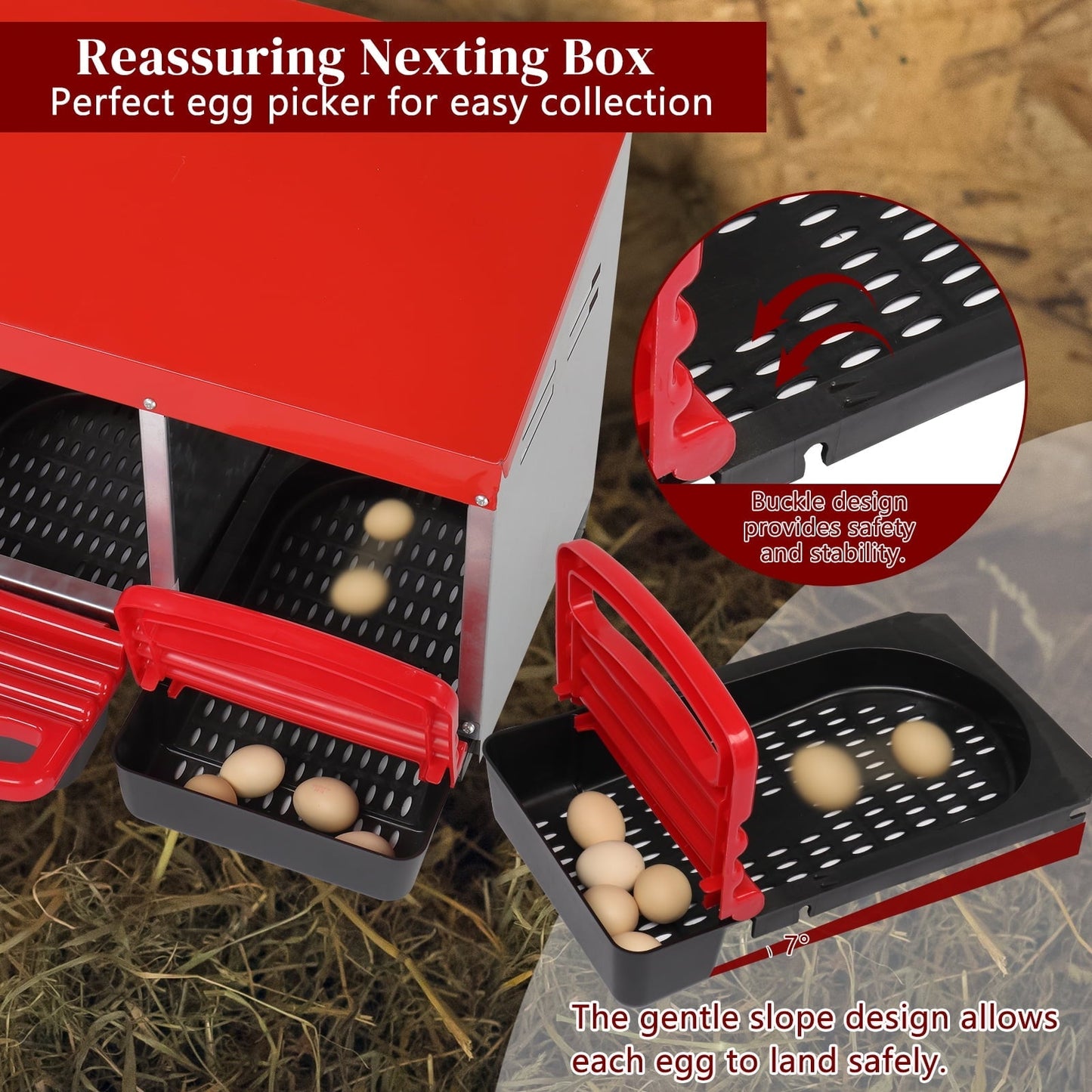 Xilee Chicken Nesting Box, 3 Compartments Chicken Laying Box, Hanging Nesting Box with Egg Saver, Perch Cover for Hen,Red