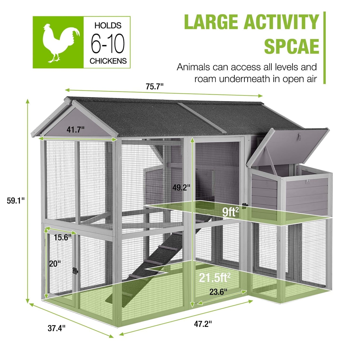 BUTINGLALE Chicken Coop with Large Nesting Boxes Outdoor Hen House with 30.5ft² Sleeping Area and Run for 6 to10 Chickens 75.7" L x 65.7" W x 59.1" H