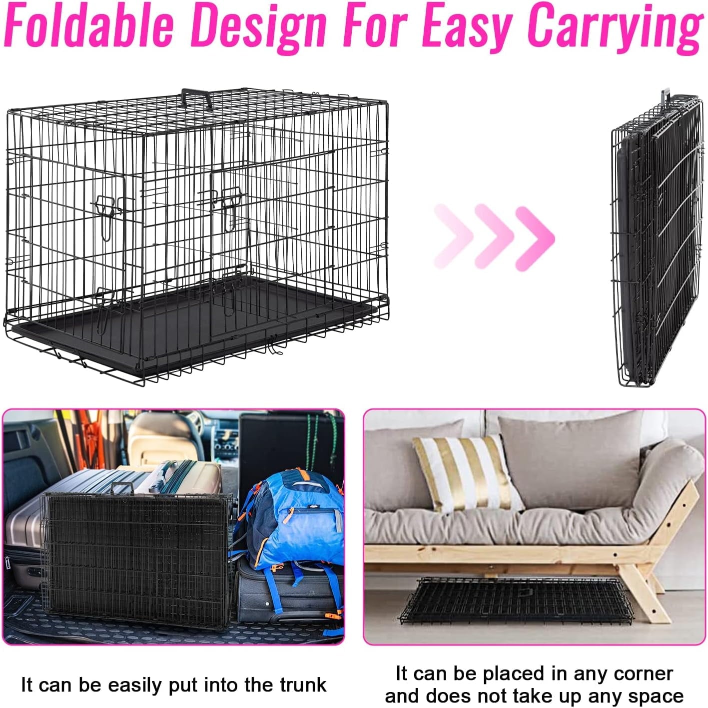 FDW 48 inch Foldable Metal Dog Crate for Large Dogs, Double Door, Divider, Removable Tray(Black)