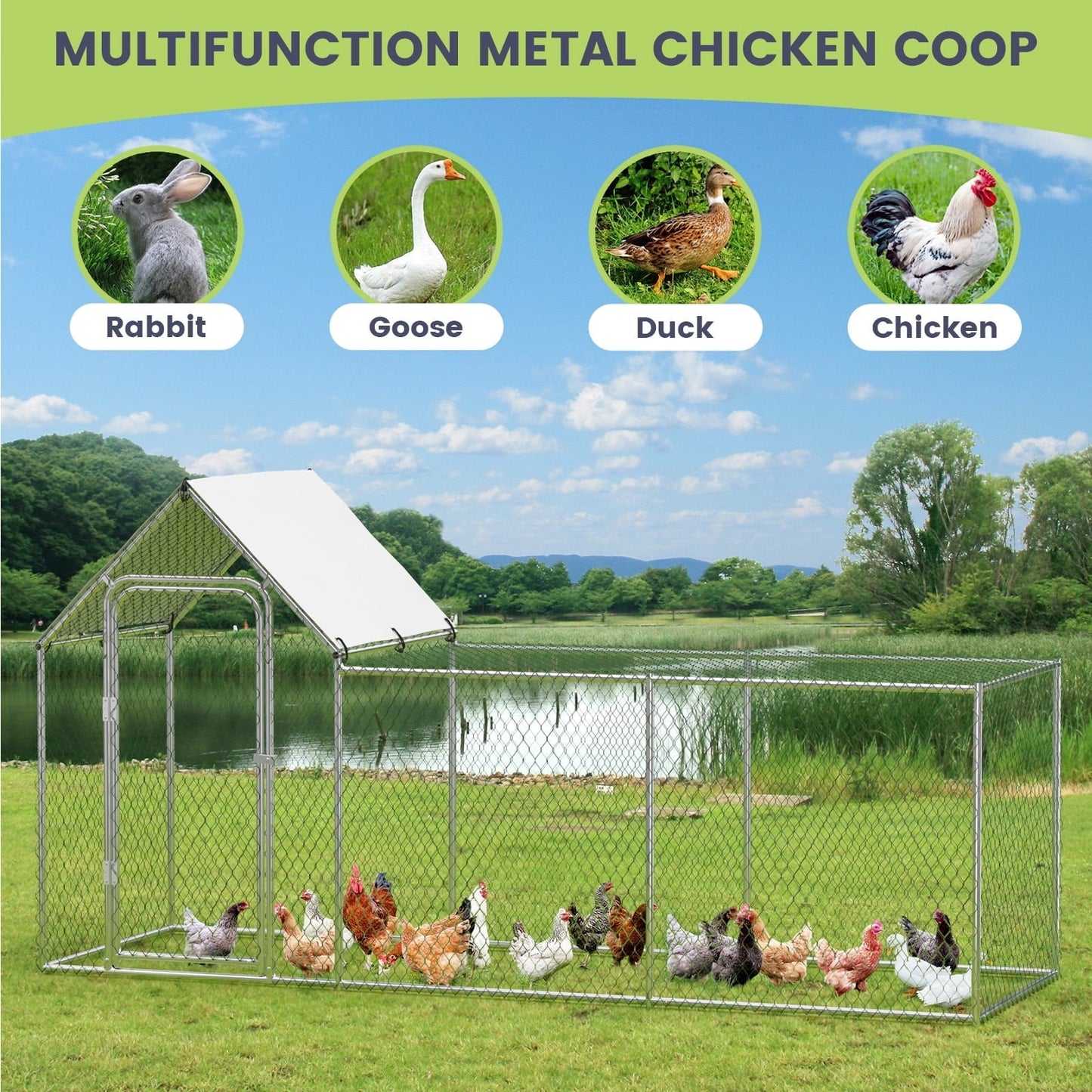 M optimized Metal Chicken Coop, Large Chicken Run with Waterproof and Anti-UV Cover, Walk-in Chicken Coop for 6/10 Chickens, Large Chicken Coop Run, 10'L x 3.3'W x 5'H