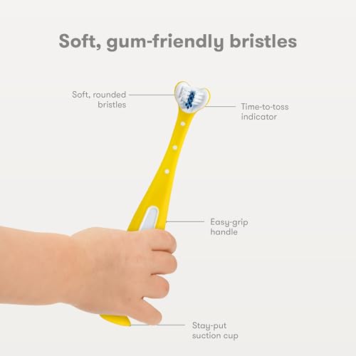 Frida Baby Triple-Angle Toothhugger Training Toddler Toothbrush | Toddler Toothbrush 2 Years and Up, Cleans All Sides at Once | 2 Pack (Yellow + Pink)