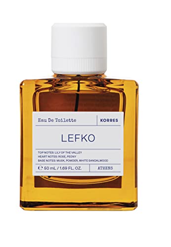 KORRES Lefko Eau de Toilette Spray, Lily of the Valley Top, Rose & Peony Heart, Musk Powder White Sandalwood Base, Floral Pudrid Moscusy Scent for Women & Men, Unisex Vegan Fragrance, 1.69 Fl Oz