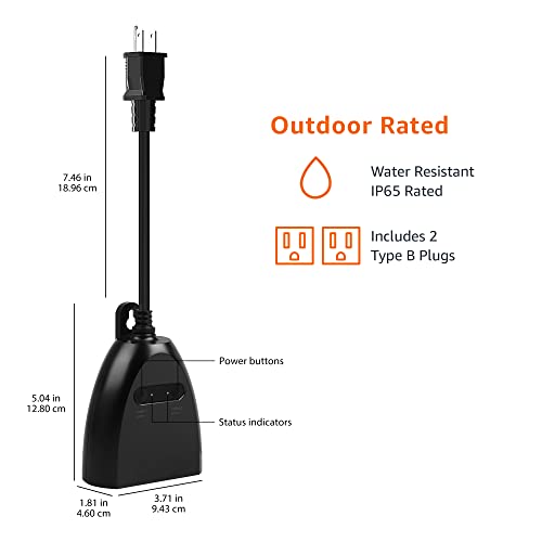 Amazon Basics Outdoor Smart Plug with 2 Individually Controlled Outlets, Works with Alexa Only, 2.4 GHz Wi-Fi, No Hub Required, Black