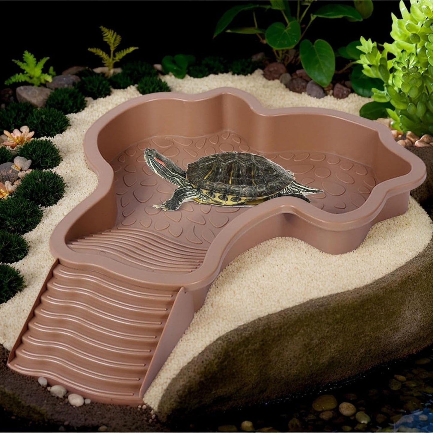 Extra Large Reptile Bathing Pool Reptile Feeding Dish Water Bowl with Ramp Turtle Bath Aquarium Ornament for Leopard Tortoise Scorpion Snake Turtle Lizard Bath (Brown Yellow)