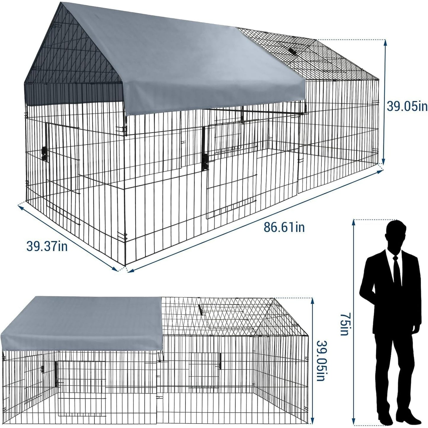 Lumiparty Portable Metal Chicken Coop, Spire Shaped Chicken Run Rabbits Habitat with Waterproof and Anti-Ultraviolet Cover for Backyard Farm, Black