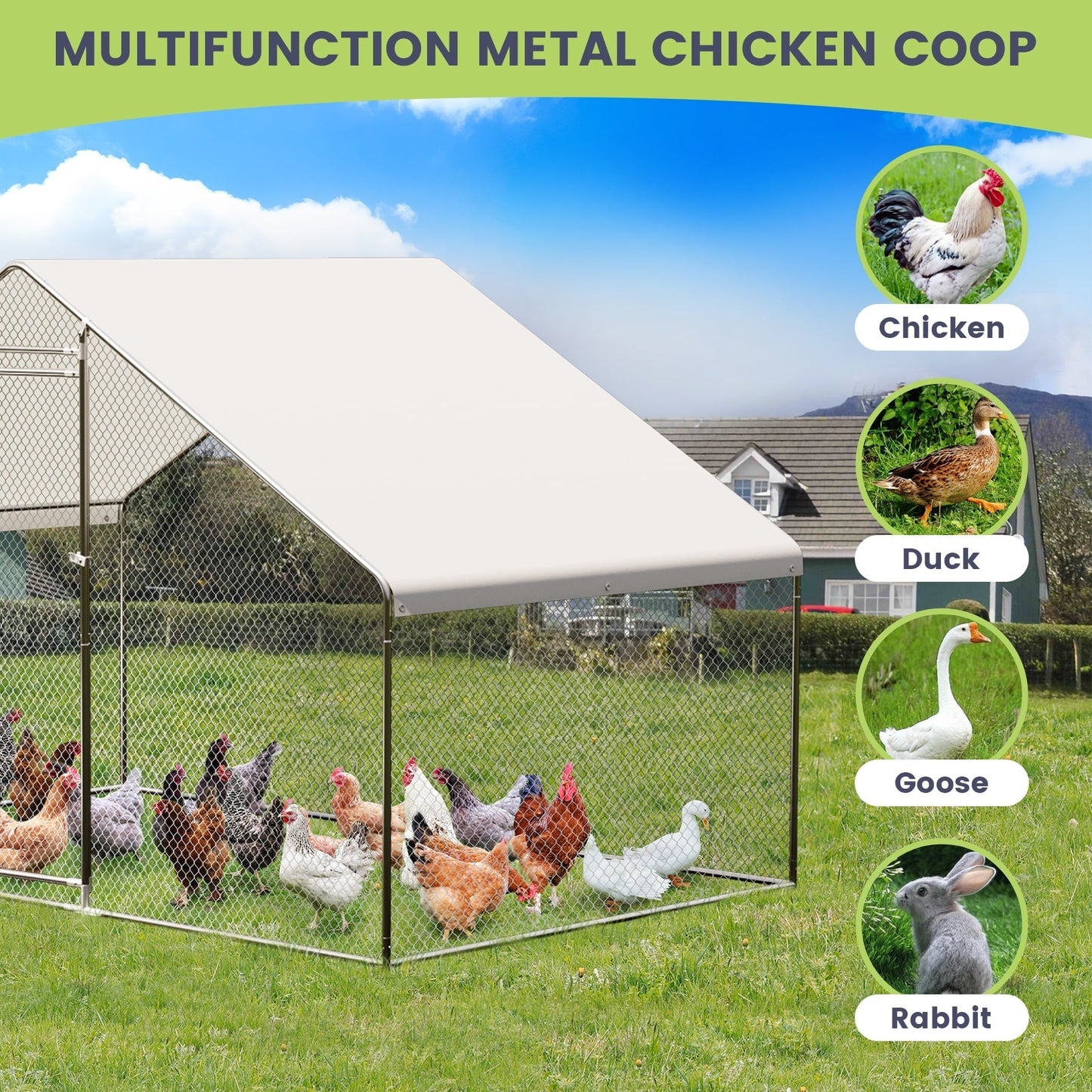 M optimized Large Metal Chicken Coop, Walk-in Poultry Cage, Large Outdoor Chicken Coop with Waterproof Cover for Outdoor Yard Farm Use, 9.8'x6.5'x6.5' Silver