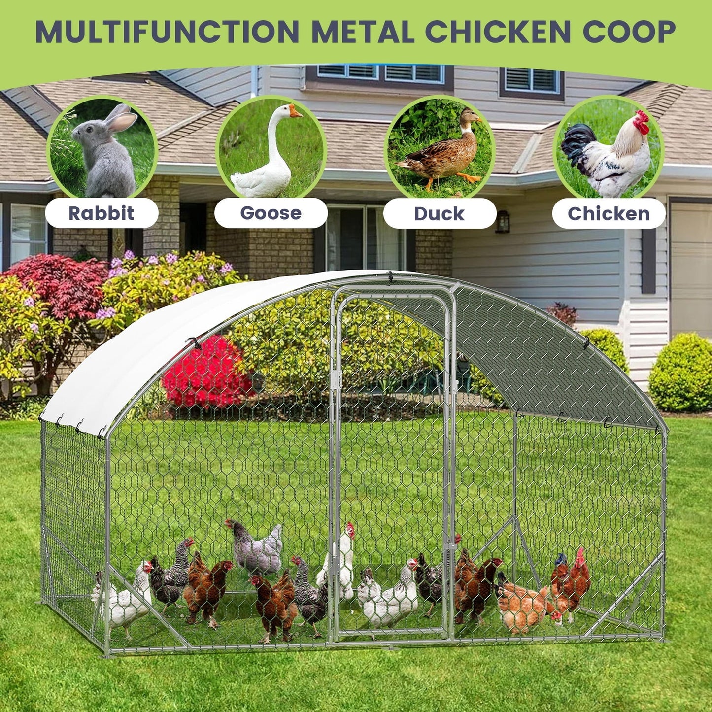 Telyswee Outdoor Metal Chicken Coop, Chicken Run with Waterproof and UV-Resistant Cover, Walk-in Poultry Cage, Dome Roof Duck and Rabbit House for Backyard, Farm Use
