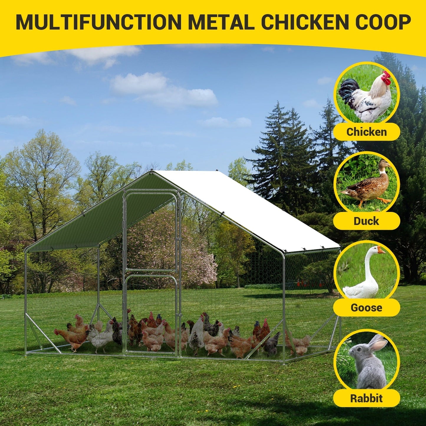 Pinypikaka Large Metal Chicken Coop, Walk in Chicken Runs with Cover for Yard, Large Chicken Coop with Double Door, Metal Chicken Pens for Outdoor Farm Yard