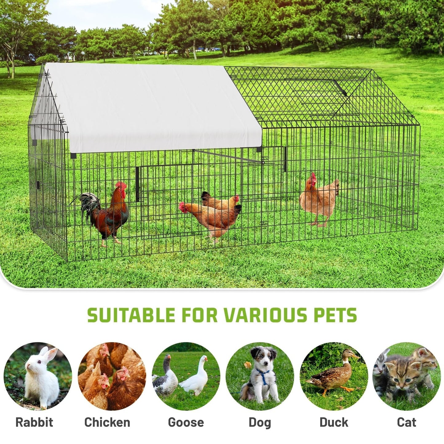 Large Metal Chicken Coop, Heavy Duty Dog Kennel Outside with Waterproof & Anti-UV Cover, Galvanized Mesh & Security Lock, Walk-in Chicken Runs for Yard Cage
