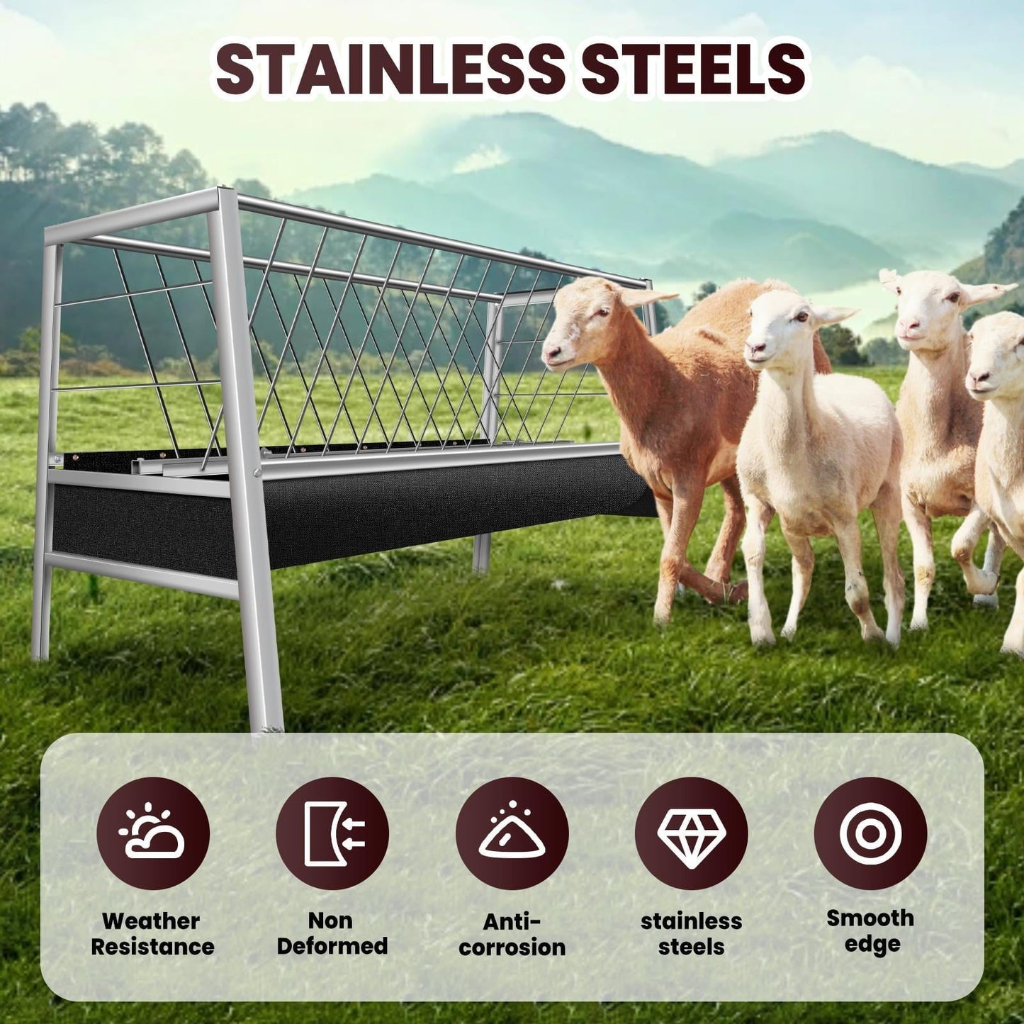 2 in 1 Goat Hay Feeder - 77 Gallon Stainless Steel with Rubber Grooves Livestock Feeder for Goats, Sheep & Horses - Durable Farm Animal Feeding Solution with Large Capacity & Rust-Resistant Design