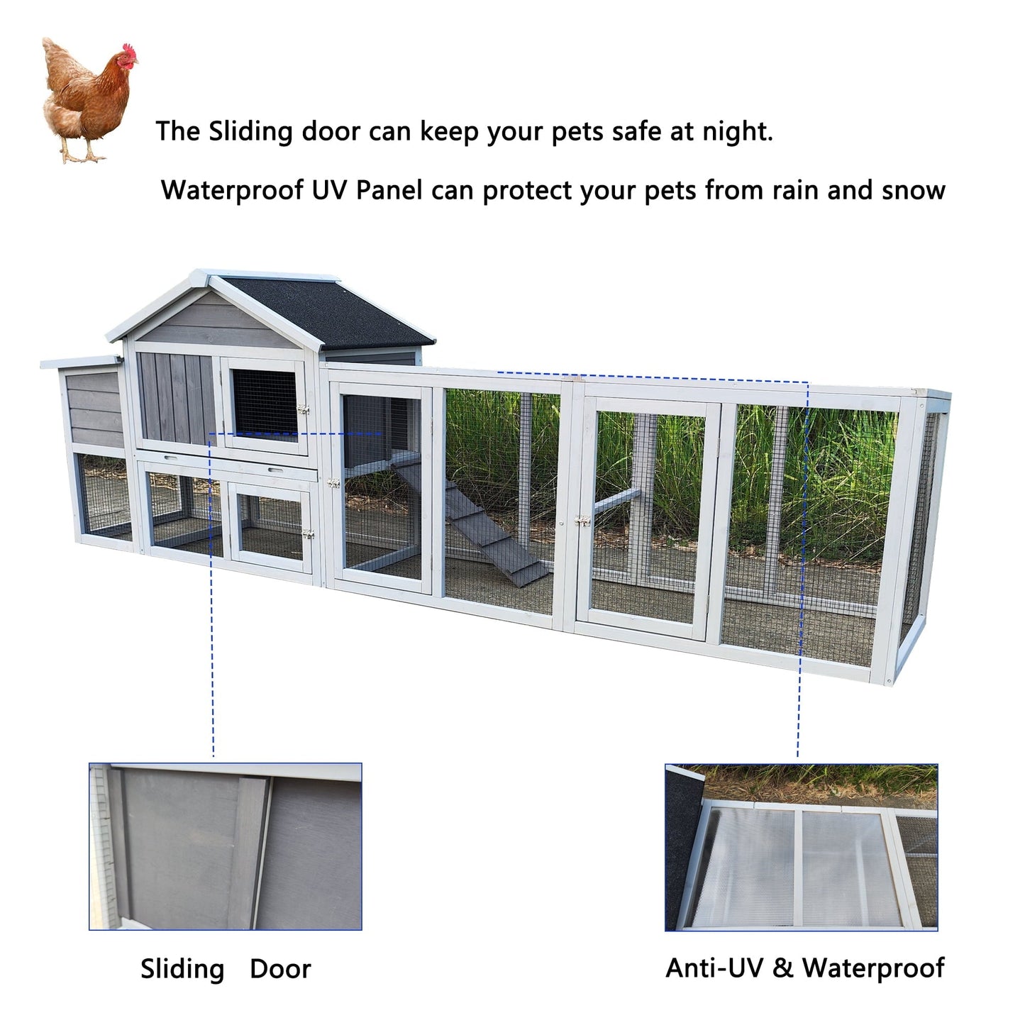 Zephypaws 112" Large Wooden Chicken Coop with Nesting Box, Outdoor Chicken Run Cage, Waterproof Hen House for Backyard, Gray