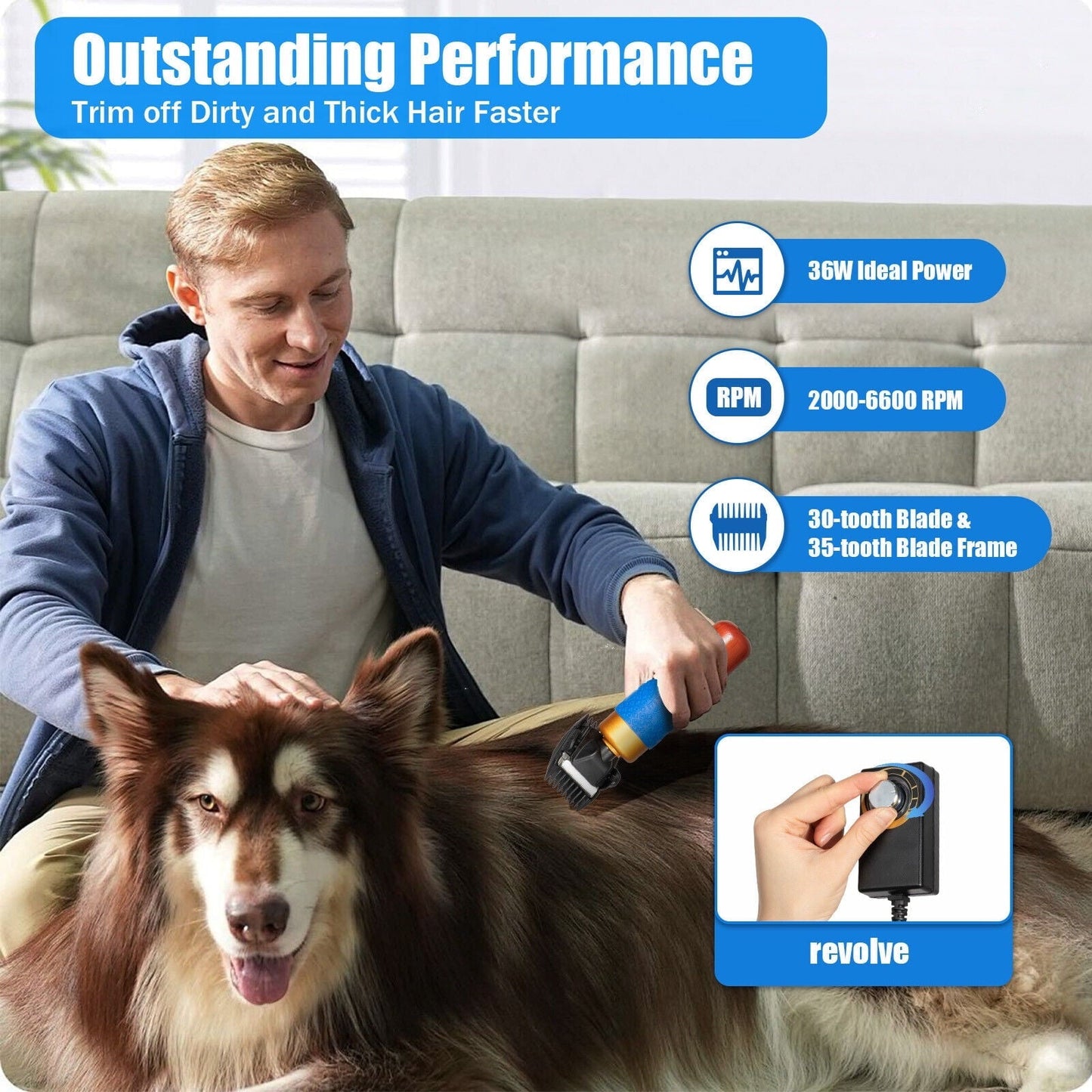 36W Electric Pet Clipper,Quiet & Safe,2000-6600rpm,Dual Blades,9.4ft Cord,Ideal for Multiple Pets & Carpets