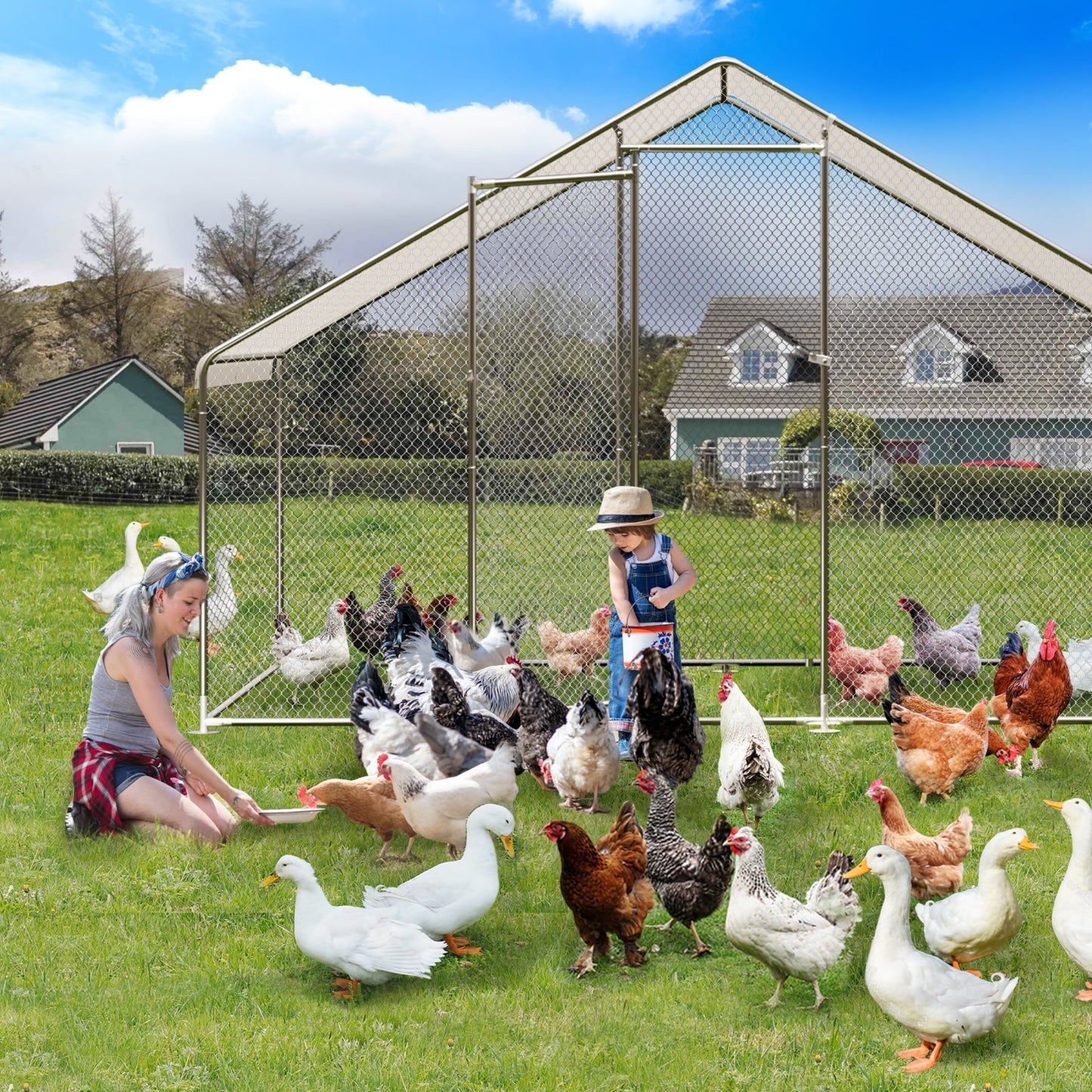 M optimized Large Metal Chicken Coop, Walk-in Poultry Cage, Large Outdoor Chicken Coop with Waterproof Cover for Outdoor Yard Farm Use, 9.8'x6.5'x6.5' Silver