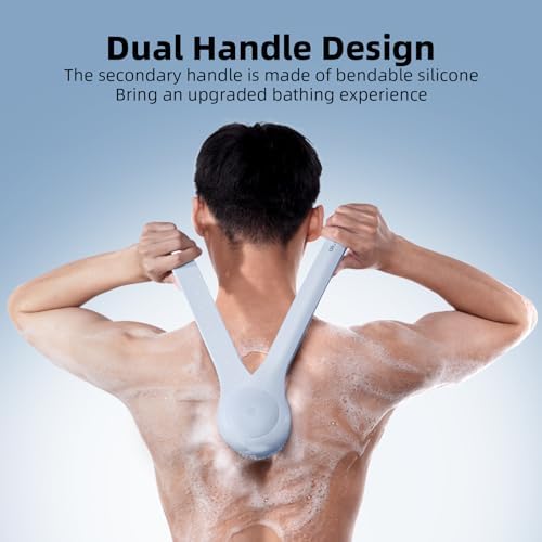 Electric Body Brush Back Scrubber for Shower, Waterproof Long Dual Handle Power Body Scrubber with 3 Heads, Rechargeable Bath Brush & 2 Speeds, for Cleansing, Exfoliating and Massaging Skin