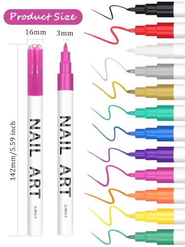 12 Color 3D Nail Art Pens Set, Kalolary Nail Pens Nail Point Graffiti Dotting Pen Drawing Painting Liner Brush for DIY Nail Art Beauty Adorn Manicure Tools